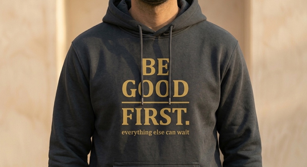 The Good-First Hoodie — “Be good first.”, worn. Charcoal Ink.