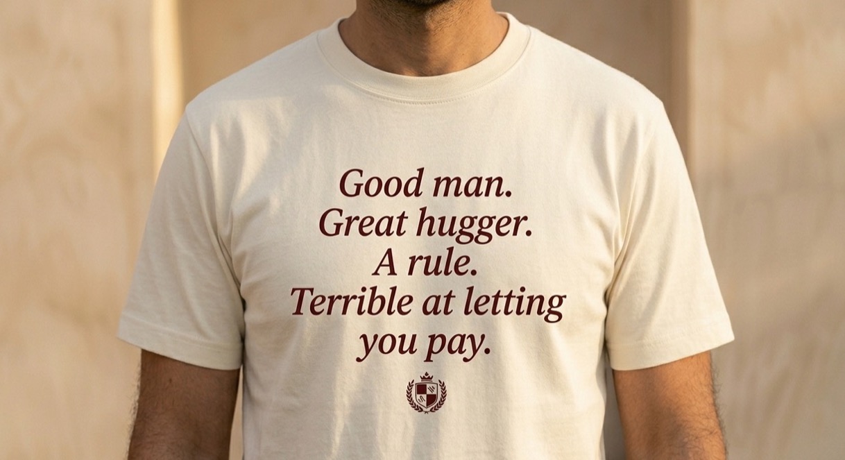 The Hugger Tee — “Good man. Great hugger.”, worn. Antique Ivory.