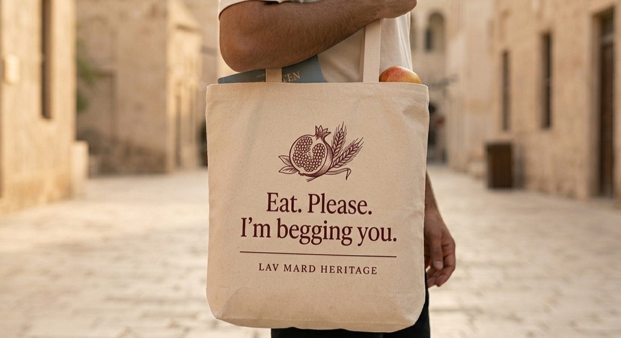 The Heritage Tote — “Eat. Please. I'm begging you.”, worn. Natural Canvas.