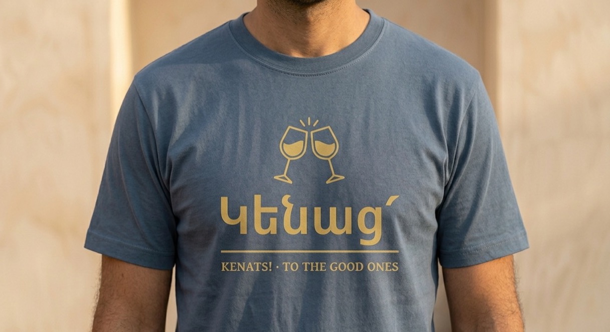 The Kenats Tee — “Kenats!”, worn. Ararat Blue.