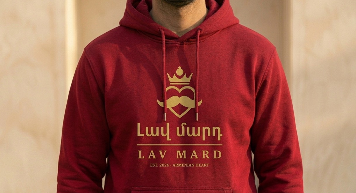 The Emblem Hoodie — “Լավ Մարդ”, worn. Pomegranate.
