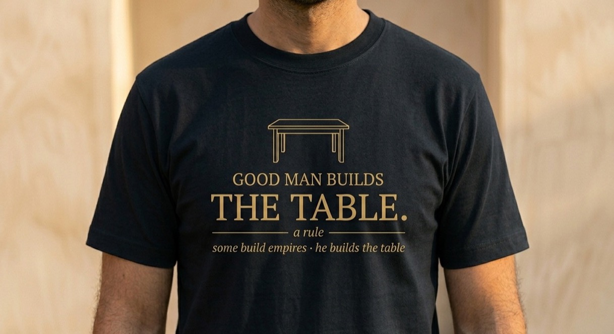 The Table Tee — “Good man builds the table.”, worn. Ink.